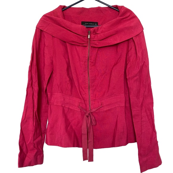 Zara Woman Fuchsia Zip Jacket Wide Collar Drawstring Waist Size M - Picture 1 of 10